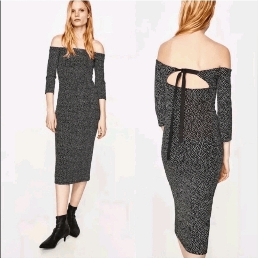 NWOT Zara Off The Shoulder Women's Fitted Polka Dot Midi Dress size XS